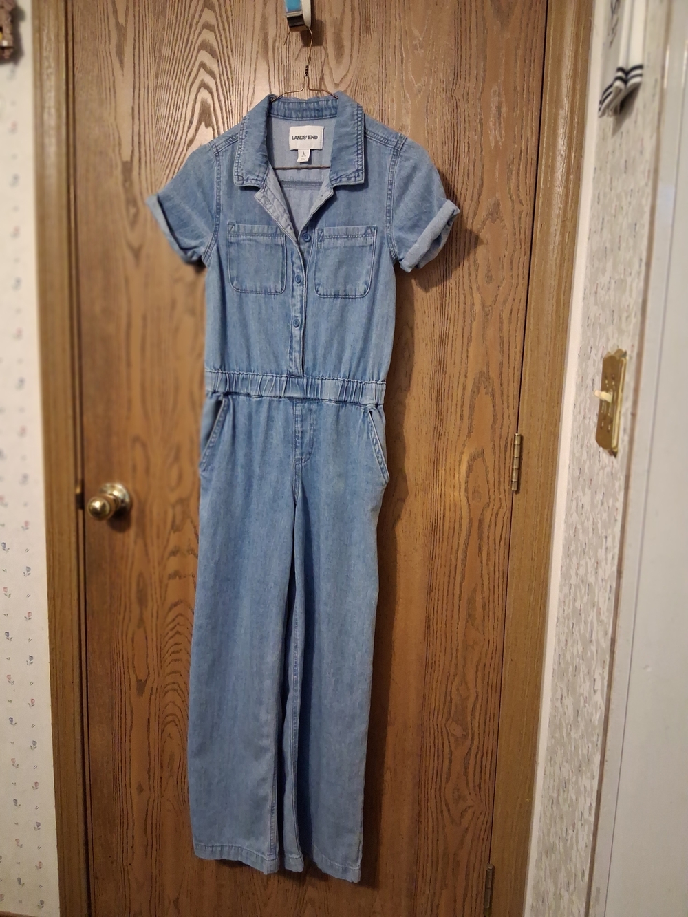 Lands' End Light Wash Denim Short-Sleeve Jumpsuit